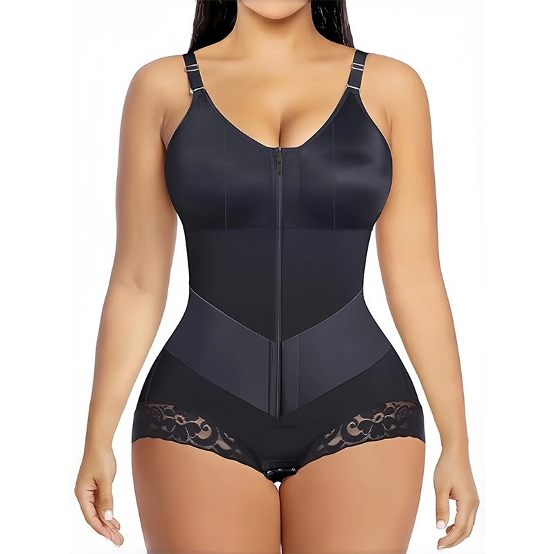 Shapewear Bodysuit Firm - ชุดกระชับสัดส่วนควบคุมหน้าท้อง สายปรับได้ สำหรับผู้หญิง บอดี้สูทแบบซิปหน้า แต่งขอบลูกไม้ ยกกระชับสะโพก