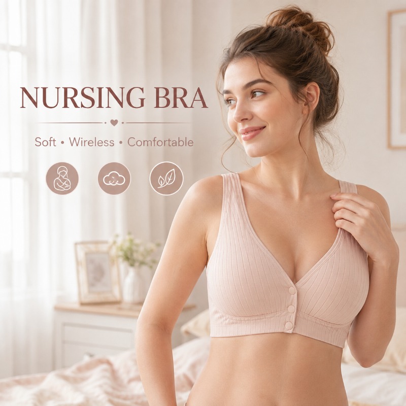 Nursing Bra Sleep - บราให้นมบุตรสำหรับผู้หญิง บราไร้สาย ผ้าฝ้ายผสม ติดกระดุมด้านหน้า บราสำหรับนอน แผ่นรองถอดได้